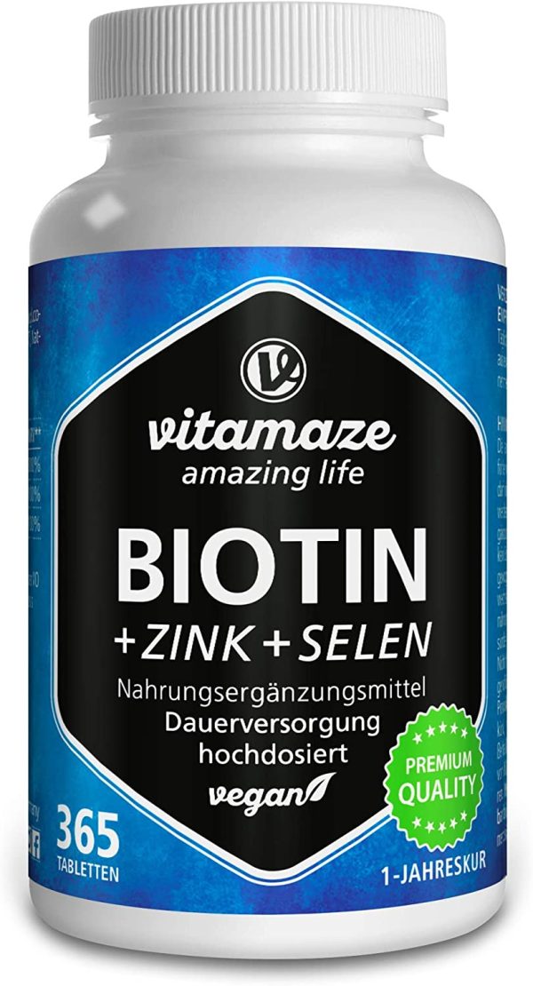 Vitamaze? Biotina 10000 mcg + Selenio + Zinco per Pelle, per la Crescita dei Capelli e Unghie Sani, 365 Compresse per 12 Mesi, Vitamina B7, Integratore senza Additivi non Necessari, Qualit?? Tedesca - immagine 2