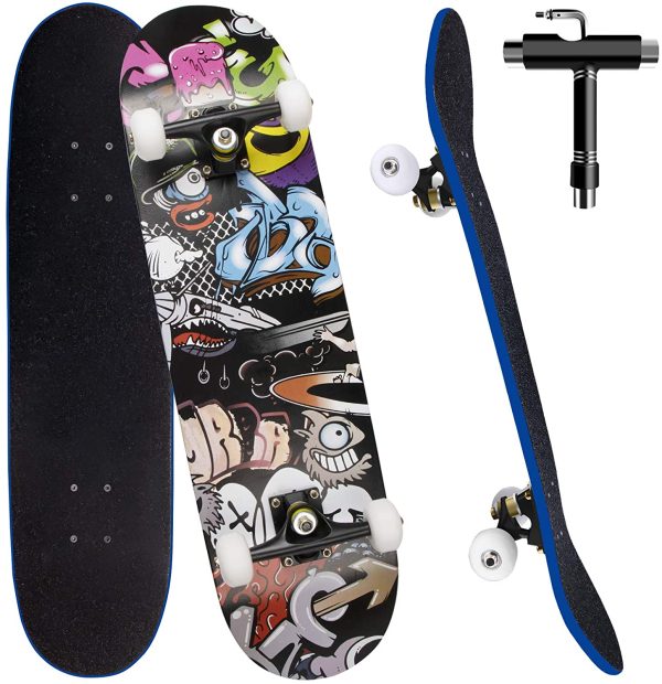 Skateboard per Principiante, 80x20 cm Skateboard Completo in Legno per Bambino Adolescenti Adulto, 7 Strati di Acero Doppio Kick Deck Concavo Trick Cruiser con lo strumento T Tutto in Uno - immagine 8