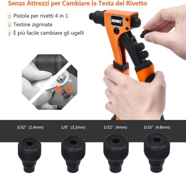 Rivettatrice Manuale,  Pistola per Rivetti con 4 Teste Intercambiabili, Rivettatrice Professionale 4 in 1, 80 Pezzi Rivetti - immagine 8