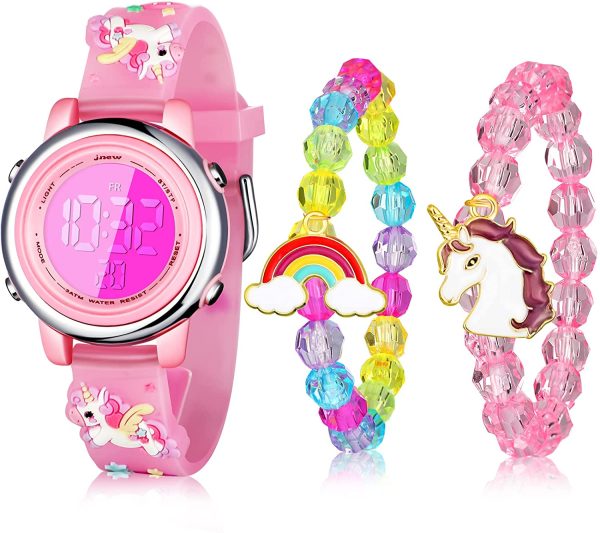 3 Pezzi Orologio per Bambini di Unicorno e Bracciale con Unicorno Orologio Digitale da Polso Impermeabile per Bambini in Cartone Animato 3D Orologio a 7 Luci Colorate con Sveglia Regalo - immagine 5