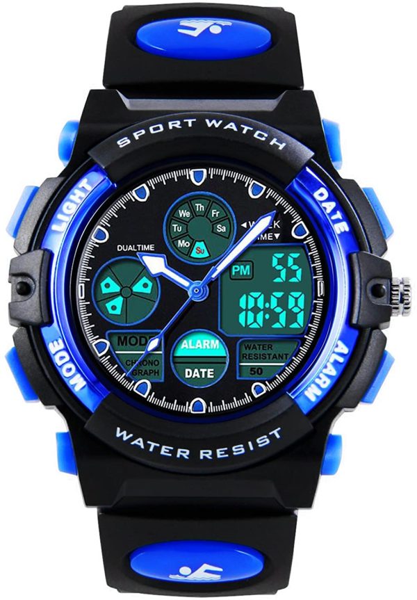 Bambini orologi digitali analogici per ragazzi - Childrens Outdoor orologio sportivo con allarme/Dual Time/LED, 5 atm impermeabile elettronico analogico da polso sportiva per adolescenti - immagine 4