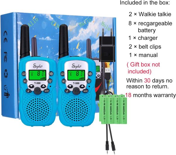 T-388 Walkie Talkie Bambini con Batterie Ricaricabili e Caricabatterie Walky Talky per Bambini Torcia VOX 8 Canali PMR446 (Blu, 8 batteries) - immagine 2