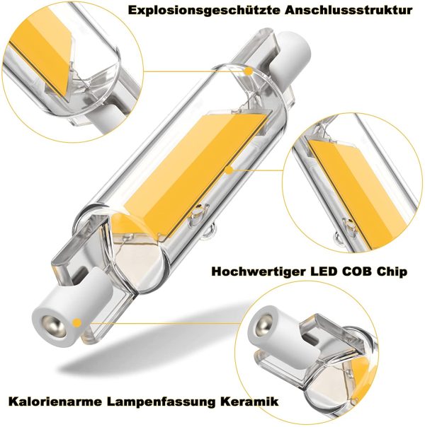 15W R7S LED 118mm Lampadine Dimmerabili, R7S Lampadina LED Bianco Caldo 3200K, 1200LM Lampadine COB Hightlight Doppia Estremit??, R7S LED 118mm Lampe, 360?? Beam Lighting, Confezione da 2 - immagine 5