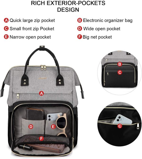 Zaino Porta PC Donna, Zaino Antifurto Impermeabile Donna, Zaino per Laptop Portatile 17 Pollici, Zaino per Viaggi Affari, Grigio e Nero - immagine 5