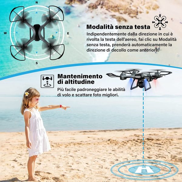 Maetot Drone con Telecamera, Drone 1080P HD FPV per Principianti/Modalit?? Hovering/3D Flip/Modalit?? Headless/Controllo dell'APP dei gesti vocali/Ritorno con un clic/26 minuti di volo/2Batterie&Valigia - immagine 2