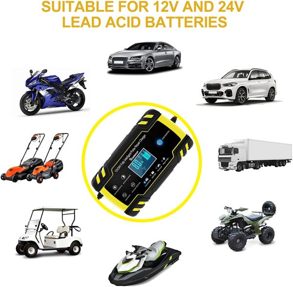 Caricabatteria Auto di Carica 8A 12V/24V Multi Protezioni di Carica Automatico Caricatore Intelligente Caricabatteria Auto Moto con Schermo LCD Touch Screen per Auto Moto Tosaerba o Barca - immagine 3