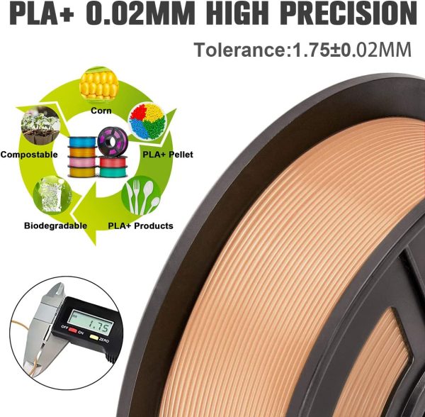 Filamento per stampante 3D SUNLU PLA Plus 1,75 mm Bobina da 1 kg, filamento PLA+ 1,75 +/- 0,02 mm per la stampa 3D, totale 3 kg (arancione, caff??, pelle) - immagine 4