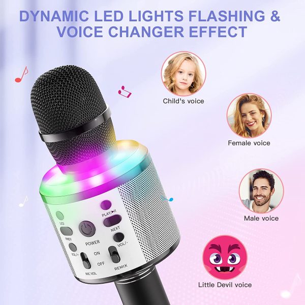 Microfono Karaoke Bambini, FISHOAKY 5 in 1 Microfono Bluetooth Wireless con Altoparlante e Controllabili Luci LED, Portatile Microfono Cambia Voce per Cantare, Palmare Karaoke per Android/IOS (nero) - immagine 5