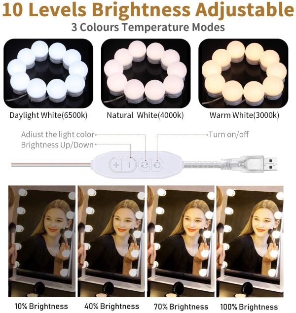 Luci di Specchio Vanit??, Luci da Specchio Luci LED Stile Hollywood per Trucco, 10 Lampadine Dimmerabili a Specchio Cosmetico, Lampada da Trucco a LED 3 Modalit?? Colore per Specchio Cosmetico - immagine 5