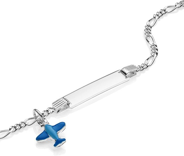 Aka Gioielli® - Bracciale Targhetta Identificativa Bambino Argento 925 con Aereo Azzurro Smaltato, Regalo comunione