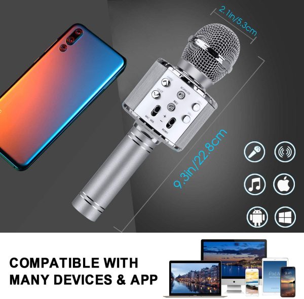 ShinePick Microfono Karaoke, 4 in 1 Bluetooth Wireless LED Flash Microfono Portatile Karaoke Player con Altoparlante per Android/iOS, PC e Smartphone (Argento) - immagine 6