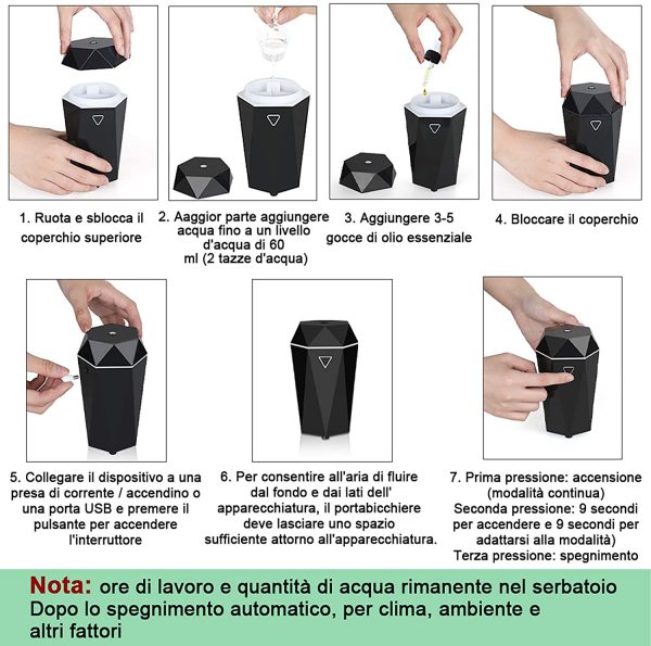 Rovtop Mini USB Diffusore Auto Umidificatore Diffusore ultrasonico di Oli Essenziali Nebbia Fresca d'Aria Senz'acqua Spegnimento Automatico per Auto Camera da Letto con Caricatore per Auto - immagine 6