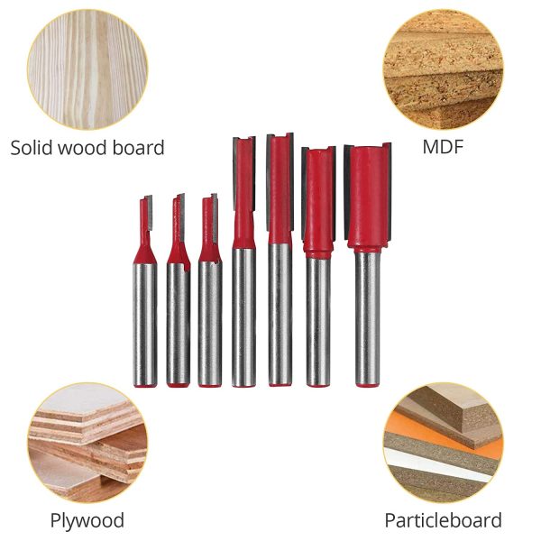 AMTOVL 7PZ Router Bit Set a Doppia Scanalatura con Codolo 6.35mm per Lavorazione Legno 7x Punta Dritta con Lame 1/8" 5/32" 3/16" 1/4" 5/16" 3/8" 1/2" Kit Fresa per Router con Scatola Separata - immagine 6