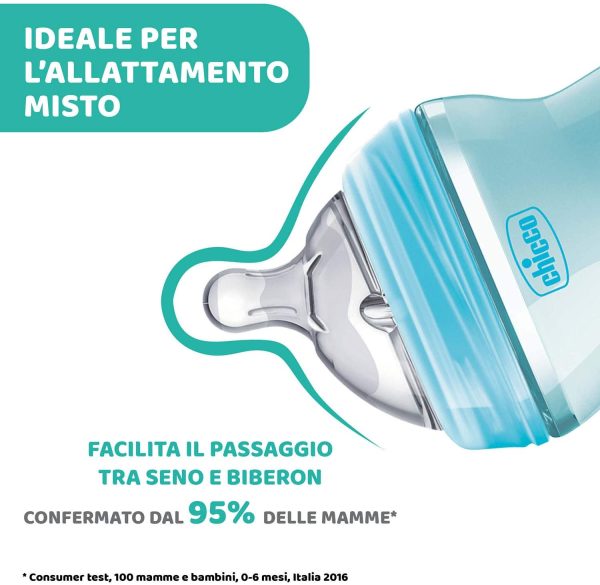 Chicco NaturalFeeling Biberon Anticolica 0+ Mesi, 150 ml, con Tettarella Inclinata in Morbido Silicone e Doppia Valvola, Allattamento Naturale e Istintivo, Azzurro - immagine 7