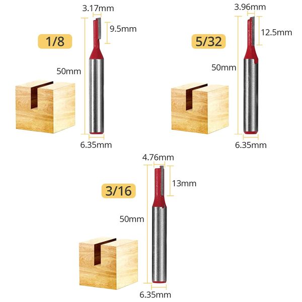 AMTOVL 7PZ Router Bit Set a Doppia Scanalatura con Codolo 6.35mm per Lavorazione Legno 7x Punta Dritta con Lame 1/8" 5/32" 3/16" 1/4" 5/16" 3/8" 1/2" Kit Fresa per Router con Scatola Separata - immagine 2