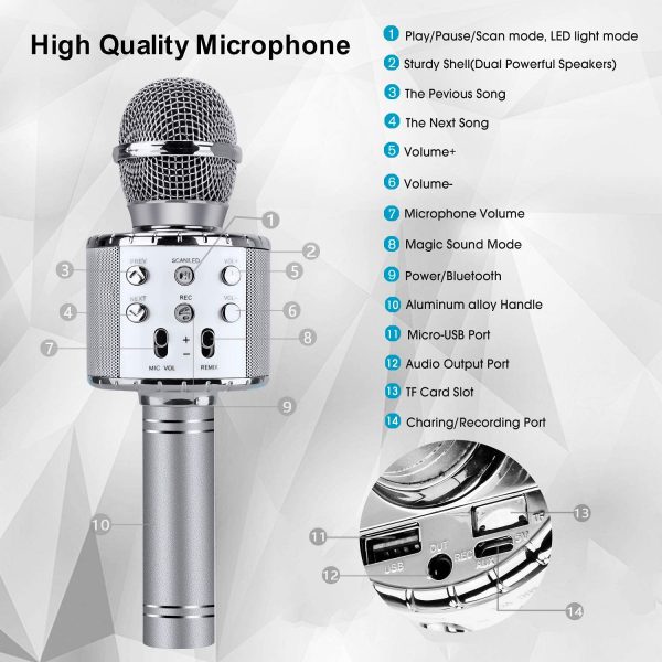 ShinePick Microfono Karaoke, 4 in 1 Bluetooth Wireless LED Flash Microfono Portatile Karaoke Player con Altoparlante per Android/iOS, PC e Smartphone (Argento) - immagine 2