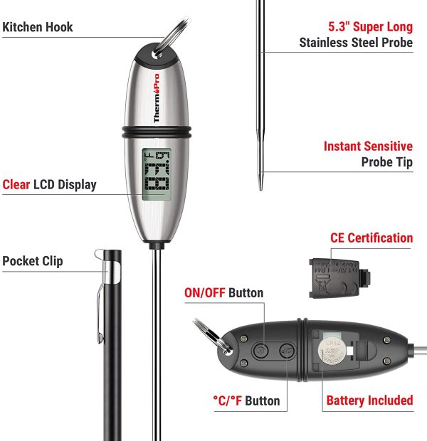 TP02S Termometro da Cucina Digitale a Lettura Instantanea con Sonda Lunga 13.5cm e Display LCD Termometro per Carne, Barbeque, Vino, Latte, Frittura Olio, Dolci, Griglia, Alimenti, Acqua - immagine 6