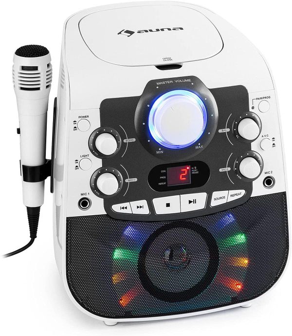 Starmaker 2.0 - Impianto Per Karaoke, Funzione Bluetooth, Porta Usb, Lettore CD Adatto a CD, CD+G, CD-Rw, Incl. Microfono, 2 Ingressi Microfono, Show Led, Uscita A/V, Bianco