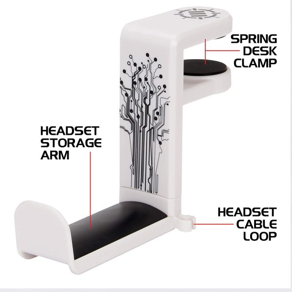 Supporto per Cuffie Gaming - Supporto Cuffie da Tavolo con Braccio Rotante Regolabile 360, Morsetto per Scrivania sul Design, Misura Universale e Organizer per Clip per Cavo Integrato - Bianco - immagine 2