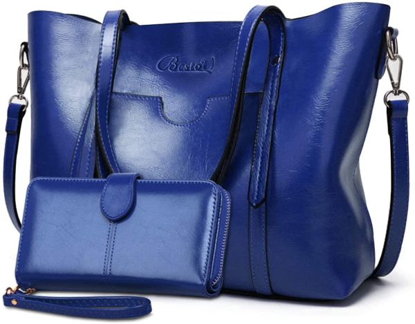 Borsa Donna Borse a Tracolla  Grande Pelle PU Tracolla per Lavoro Borsa Classica da Viaggio Borse Borse a Spalla portafoglio 2 Pezzi Tote(Blu) - immagine 5