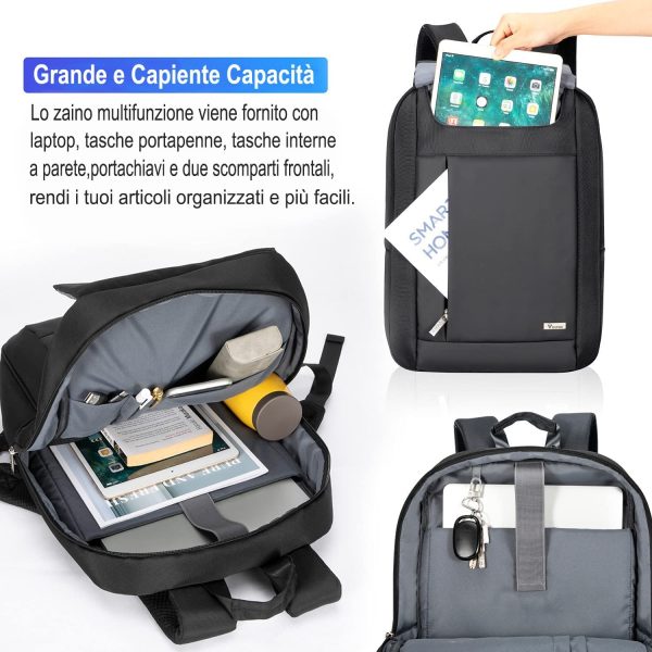 Zaino Porta PC,Impermeabile Borsa Laptop Compatibile con 14-15.6 Pollici,Zaino da Lavoro,Borsa per PC Portatili Multitasche Smart per Computer,Notebook,Scuola,Viaggio Regalo Uomo Donna,Nero - immagine 7