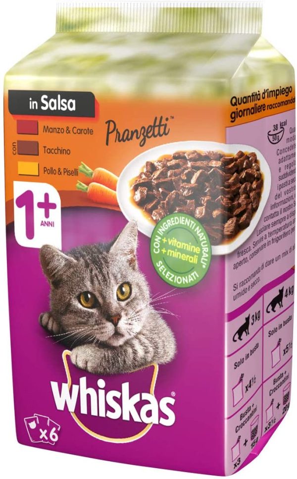 Whiskas Pranzetti in Salsa 1+ Anni 6 x 50 g, Cibo per Gatto con Manzo, Carote, Tacchino, Pollo e Piselli - 12 Confezioni (72 Pezzi in Totale) - immagine 4