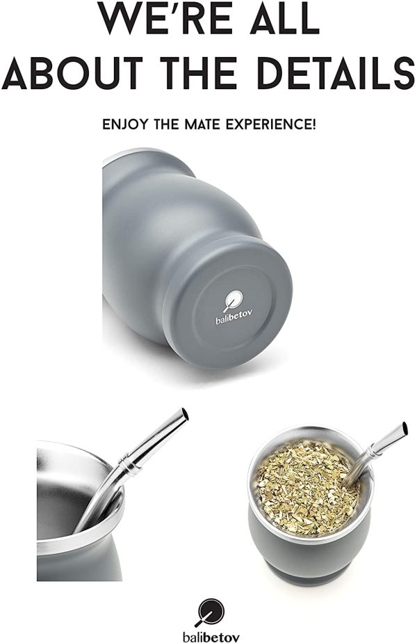 Mate Argentino Doppia Parete in Acciaio Inox Yerba Mate Set (Tazza Mate) con Bombilla (Paglia Yerba Mate) (Grigio) - immagine 6