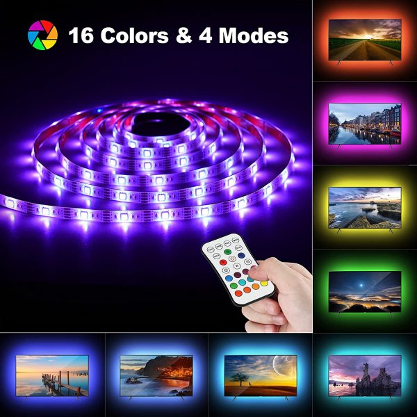 USB Striscia LED, Retroilluminazione LED TV 2.2M con 16 Colori e 4 Modalit??, Striscia LED RGB USB alimentata con Telecomando adatto a HDTV da 40-60 Pollici, PC Monitor, Decorativa ecc. - immagine 2