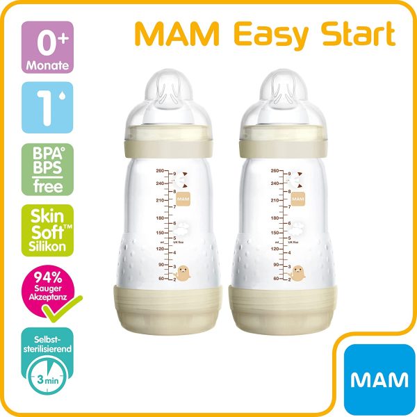 MAM Easy Start Set di 2 biberon anticoliche da 260 ml, con valvola a fondo, borraccia per bambini con tettarella taglia 1, dalla nascita, Istruzioni in lingua straniera - immagine 8