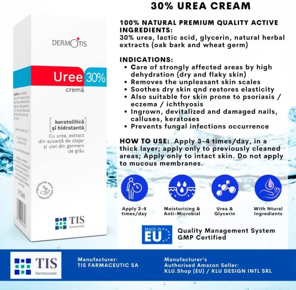 TIS - Crema con urea 30%, per rimozione cicatrici, eczemi, cheratosi, psoriasi, eruzioni cutanee. Prodotto per pelle secca e screpolata, eczemi, eruzioni cutanee, psoriasi, aiuta a rimuovere cicatrici e ferite con acido lattico - Alfaidrossiacidi (AHA), corteccia di quercia e olio di germe di grano. - immagine 5