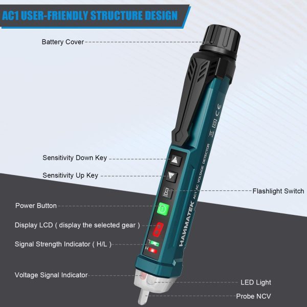 Rilevatore Tensione Penna, HAMATEK AC1 Tester di Tensione Senza Contatto a LCD, 12V - 1000V, Beep e Luce per Avvertimento, Misura Filo Vivo/Nullo, 9 Livelli di Sensibilit??, Bassa Potenza Avvertimento - immagine 7