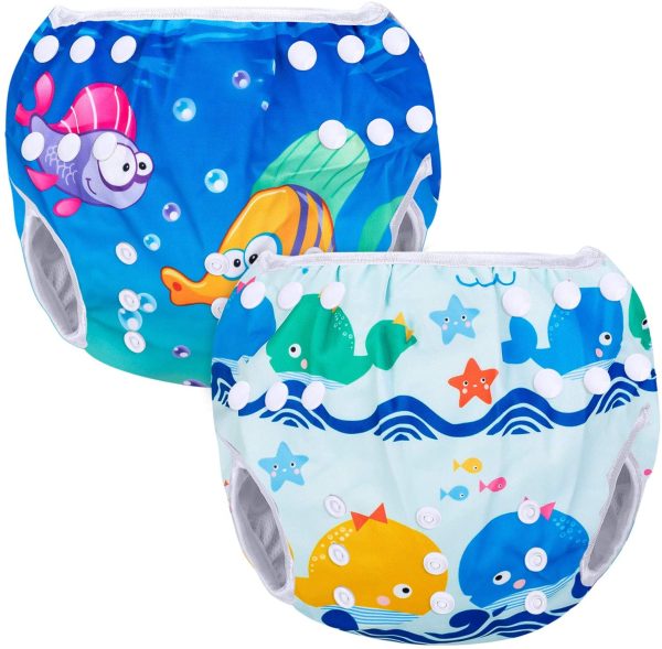 Luxja Riutilizzabile Pannolini da nuoto (Confezione da 2), Costume Pannolino Lavabili, Impermeabile Pannolino Piscina (0-3 anni), balene e pesci - immagine 5