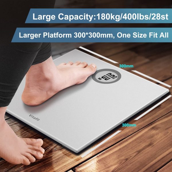 Vitafit Bilancia Pesapersone Digitale Alta Precisione con Tecnologia Step-on,Bilancia Pesa Persona Digitale con Grande display a LCD, 5 kg-180 kg,argento elegante - immagine 5