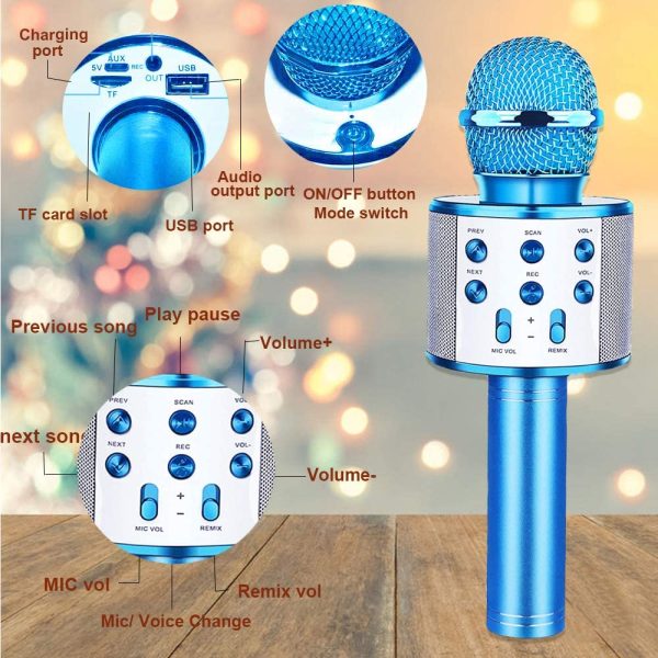 Microfono Karaoke Bluetooth per Bambini -  Microfoni Karaoke Wireless Altoparlante Cambia Voce Portatile Karaoke Player Festa di Famiglia Giocattolo Compatibile con Android iOS (Blue) - immagine 6