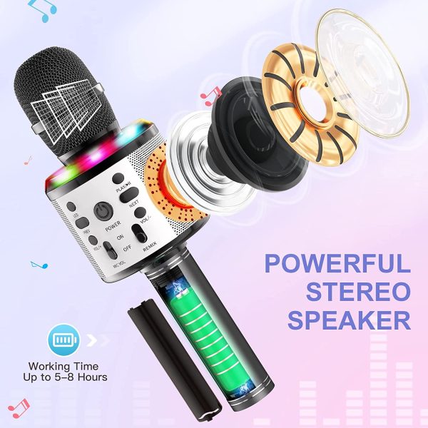 Microfono Karaoke Bambini, FISHOAKY 5 in 1 Microfono Bluetooth Wireless con Altoparlante e Controllabili Luci LED, Portatile Microfono Cambia Voce per Cantare, Palmare Karaoke per Android/IOS (nero) - immagine 3