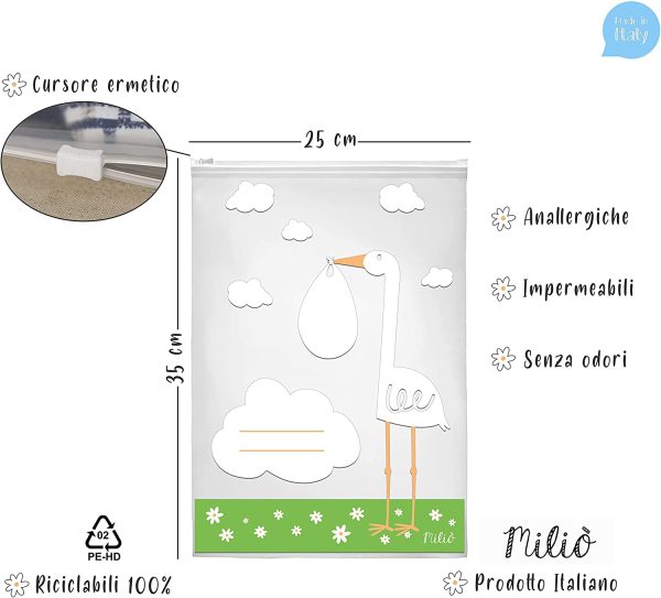 Mili?? 8 Bustine Corredino Neonato Ospedale 100% Made In Italy Sacchetti Cambio Neonato Ospedale 35x25 con Cursore Ermetico per Future Mamme Lista Nascita Beb?? Idea Regalo Neonati Maschio e Femmina - immagine 2