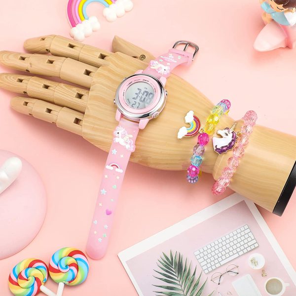 3 Pezzi Orologio per Bambini di Unicorno e Bracciale con Unicorno Orologio Digitale da Polso Impermeabile per Bambini in Cartone Animato 3D Orologio a 7 Luci Colorate con Sveglia Regalo - immagine 4