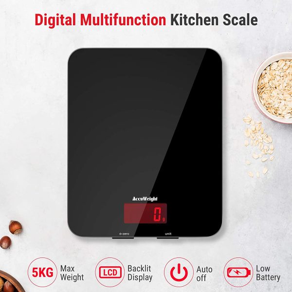 ACCUWEIGHT Bilancia da Cucina Digitale Con Funzione Peso Tara Bilancia Alimenti Elettronica Multifunzione con Display LCD per Pesare Cibo Liquidi Fino a 5 kg / 11 lbs Superficie in Vetro Temperato - immagine 7