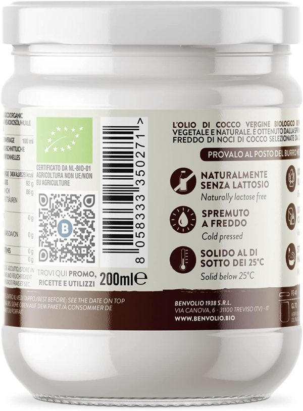 Olio di Cocco Biologico, Benvolio 1938 200 ml, Olio di Cocco Alimentare per Keto Diet Bulletproof Coffee, Sostituto Burro Senza Lattosio. Olio di Cocco per Capelli, Corpo e Struccante, Coconut Oil - immagine 9