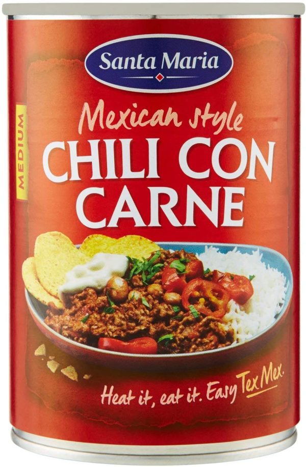 Santa Maria, Chili con Carne, Piatto Piccante Tipico della Cucina Tex-Mex, Leggermente Piccante, Ideale per Farcire i Tacos o per Servire con le Tortilla Chips, Latta da 410 g