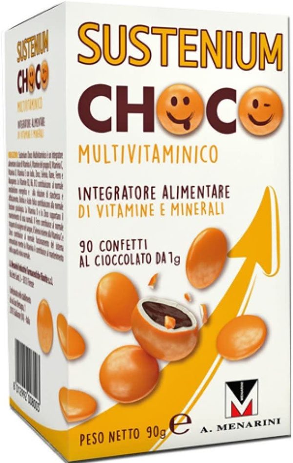 Sustenium Choco - Integratore Multivitaminico Adatto Ai Bambini (4+) Con Vitamine Del Gruppo B, Vitamina C, Vitamine A-D-E. Un Valido Aiuto Per Le Difese Immunitarie. 90 Confetti Da 1gr, 90gr