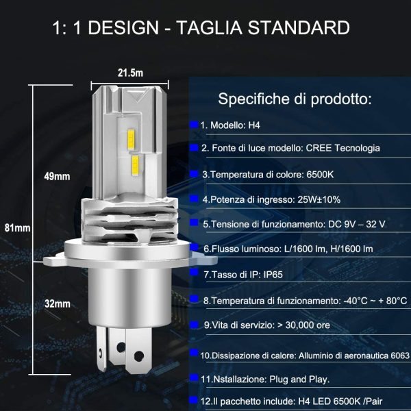 H4 LED Lampadina 6500K Per Fari Auto Luce Abbagliante Anabbagliante,Sostituzione Lampada Alogena E Fari Allo Xenon(2 pezzi) - immagine 6