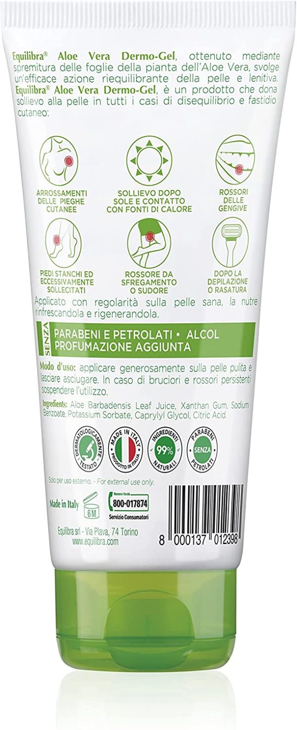 Equilibra Corpo, Aloe Dermo-Gel, Gel Lenitivo a Base di Aloe Vera, Crema Corpo per Arrossamenti, Sollievo Dopo Sole, Post Depilazione o Rasatura, Rossori Gengive, Piedi Stanchi, 75 ml - immagine 3