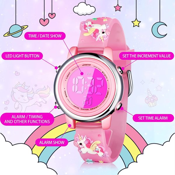 3 Pezzi Orologio per Bambini di Unicorno e Bracciale con Unicorno Orologio Digitale da Polso Impermeabile per Bambini in Cartone Animato 3D Orologio a 7 Luci Colorate con Sveglia Regalo - immagine 2