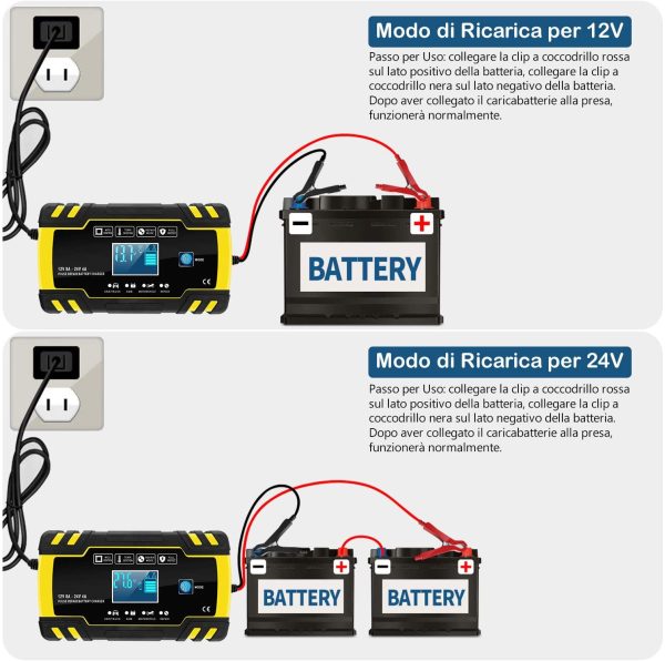 Caricabatterie e Mantenitore Auto 12V/24V 8A, Carica Batteria per Auto Moto Camion AGM Batterie, Automatico Intelligente Caricabatteria con Schermo LCD(6-150AH) - immagine 6