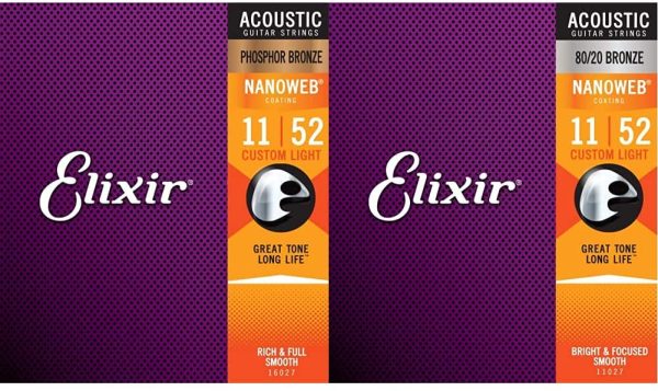 Elixir Strings  Acoustic Guitar Strings W Nanoweb Coating, Custom Light (.011-.052) & Corde Per Chitarra Acustica Bronzo 80/20 Strings Con Rivestimento Nanoweb, Custom Light .011-.052 - immagine 6