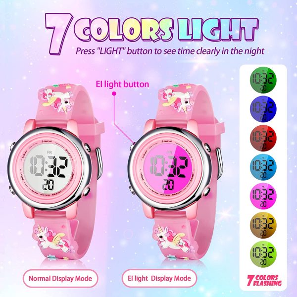 3 Pezzi Orologio per Bambini di Unicorno e Bracciale con Unicorno Orologio Digitale da Polso Impermeabile per Bambini in Cartone Animato 3D Orologio a 7 Luci Colorate con Sveglia Regalo - immagine 6