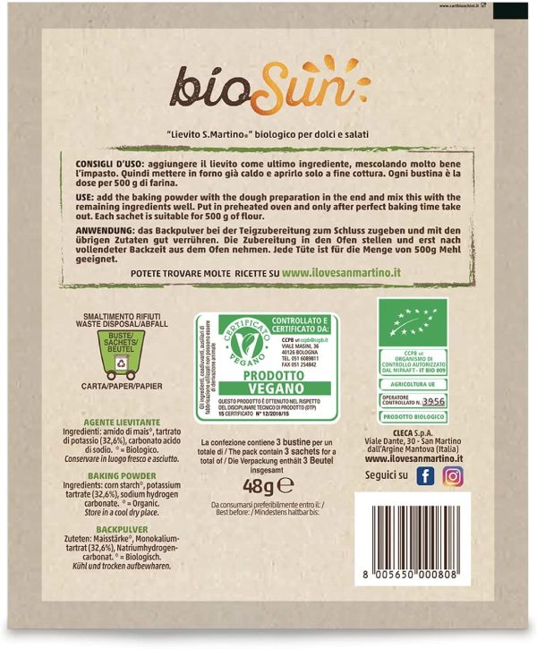 BIOSUN - Lievito Biologico a Lievitazione Istantanea, ideale sia per Dolci che per Salati, con Cremor Tartaro Naturale, 3 Buste da 16 g l'una, 48g tot, Senza Glutine, Vegano, Made in Italy - immagine 4