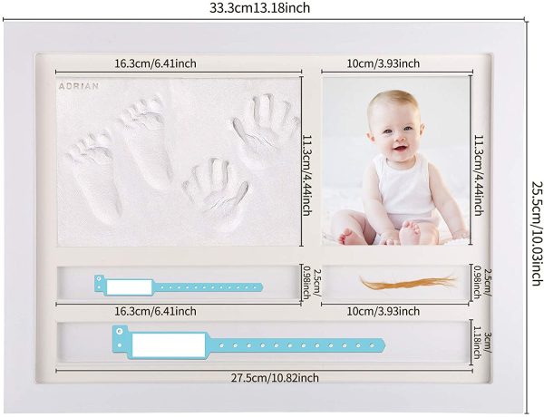 JOSPL Cornice Impronte Neonato kit completo con Argilla, Porta Bracciali di Nascita e Portafoto Legno, Lettere Stampo,Impronta Bambino Cornice impronte neonato mani e piedi per regalo neo mamma - immagine 3