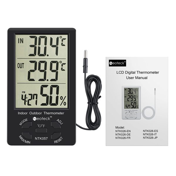 Neoteck Digitale LCD Termometro Igrometro Interno Esterno Misuratore Temperatura Umidit?? Valore Min/Max con Funzione Sveglia e 1.5M Filo di Sensore per Controllo di Aria Condizionata -Nero - immagine 7